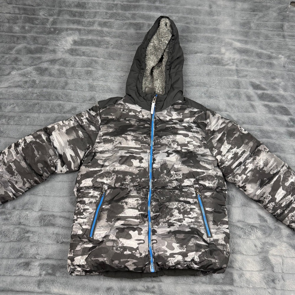 ZeroXposur Kids Camo Hooded Puffer Jacket Gray Black Blue Zip L 10/12 RN117732